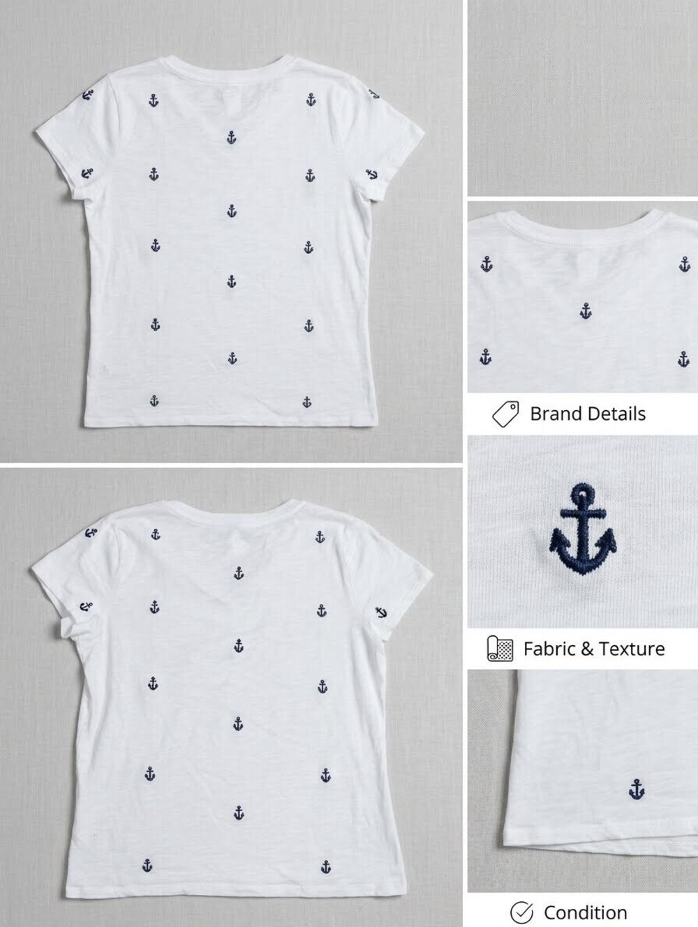 Cynthia Rowley White V-Neck T-Shirt with Navy Anchor Embroidery